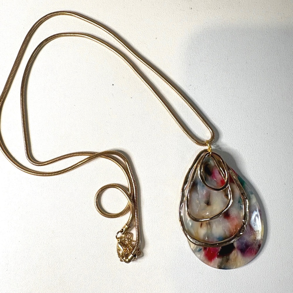 Gold Tone Snake Chain Necklace Multi Color Resin Teardrop Statement Pendant